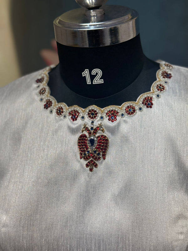 Half White Raw Silk Peacock Kundan Wedding Blouse