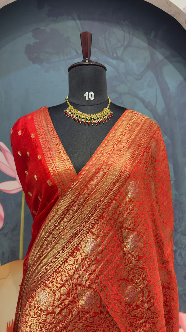 Brocade banaras saree elephant motive red