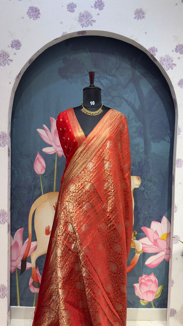 Brocade banaras saree elephant motive red