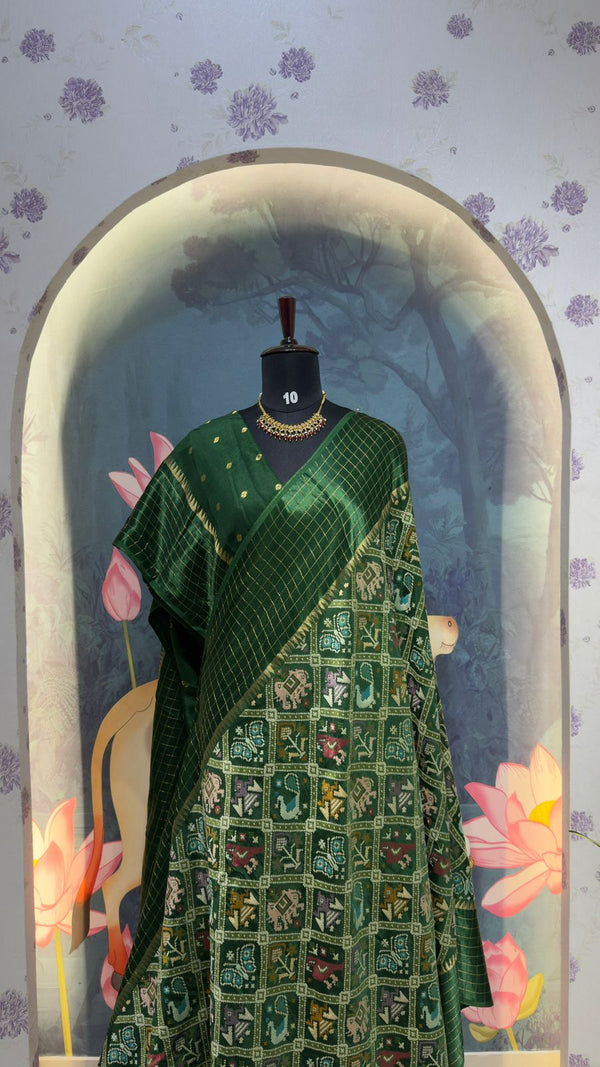 PATOLA Munga silk saree Bottle green