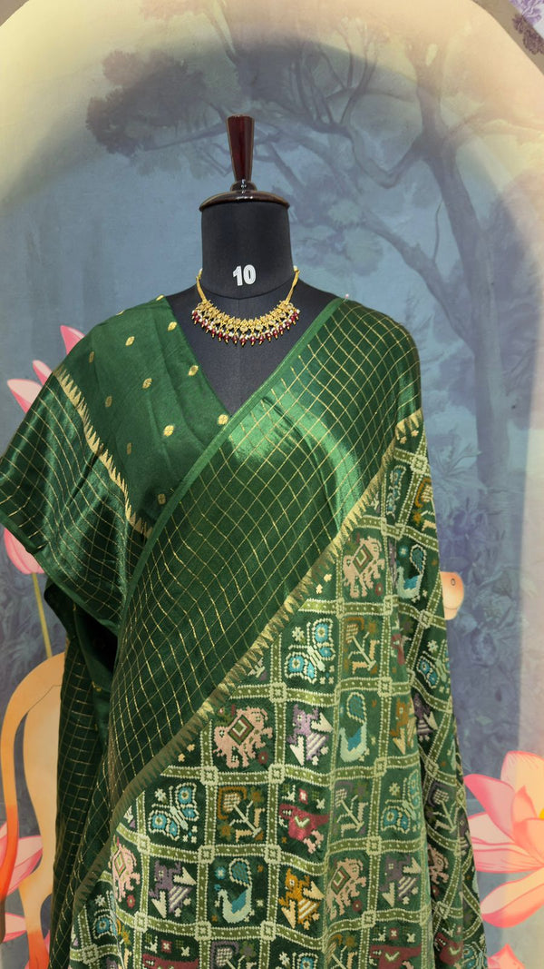 PATOLA Munga silk saree Bottle green