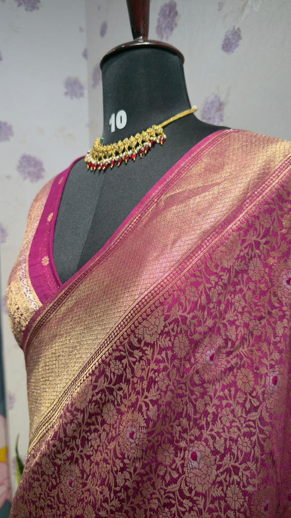 BROCADE BANARAS SAREE WITH ROSE MOTIFS MEGENTA PINK