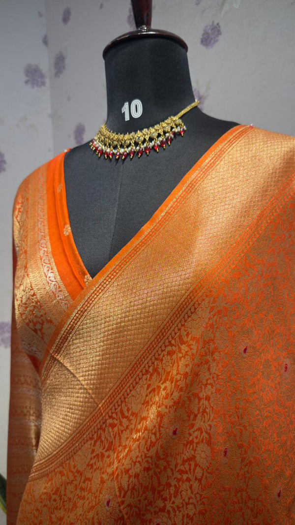 BROCADE BANARAS SAREE WITH ROSE MOTIFS ORANGE
