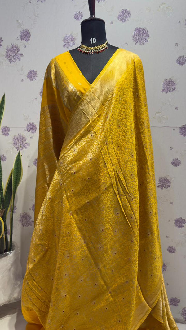 BROCADE BANARAS SAREE WITH ROSE MOTIFS YALLOW