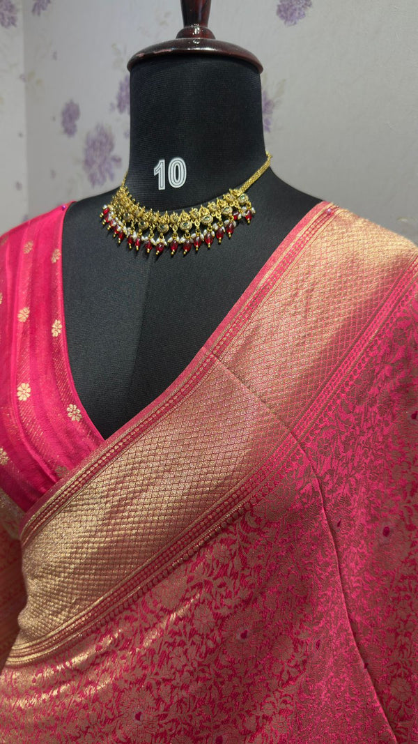 BROCADE BANARAS SAREE WITH ROSE MOTIFS PINK