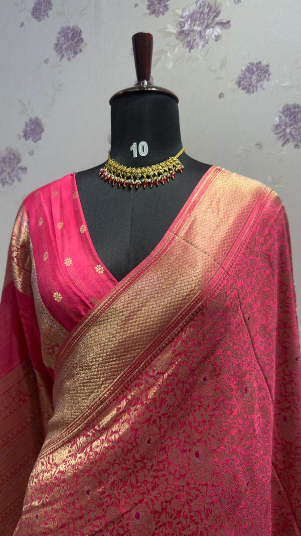 BROCADE BANARAS SAREE WITH ROSE MOTIFS PINK