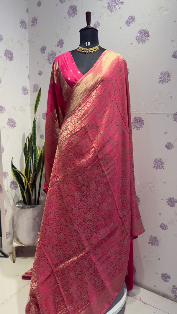 BROCADE BANARAS SAREE WITH ROSE MOTIFS PINK