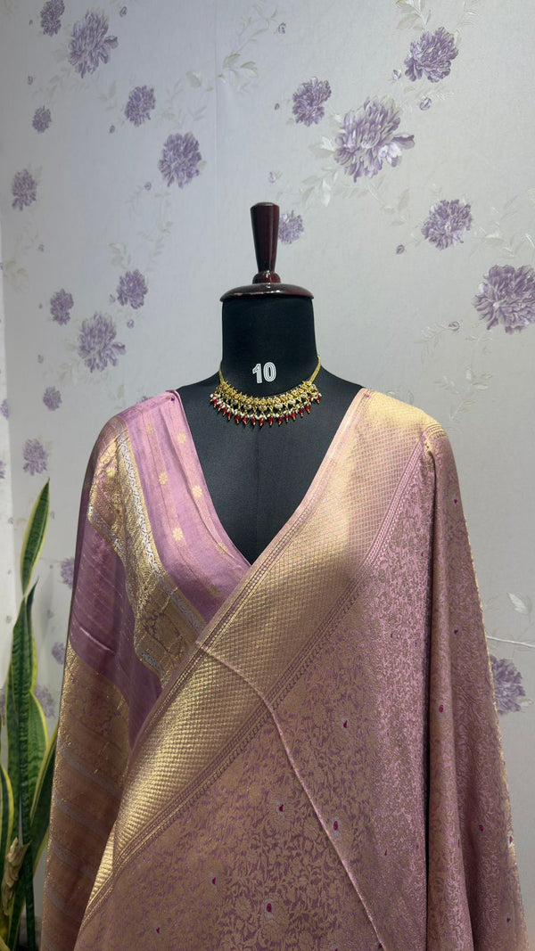 BROCADE BANARAS SAREE WITH ROSE MOTIFS LAVENDER