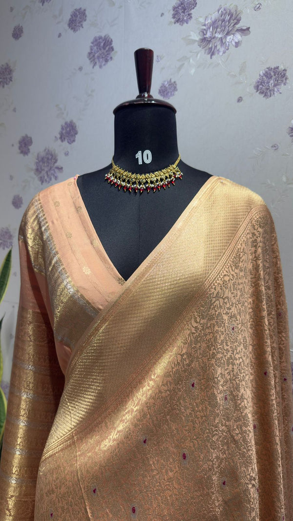 BROCADE BANARAS SAREE WITH ROSE MOTIFS PEACH