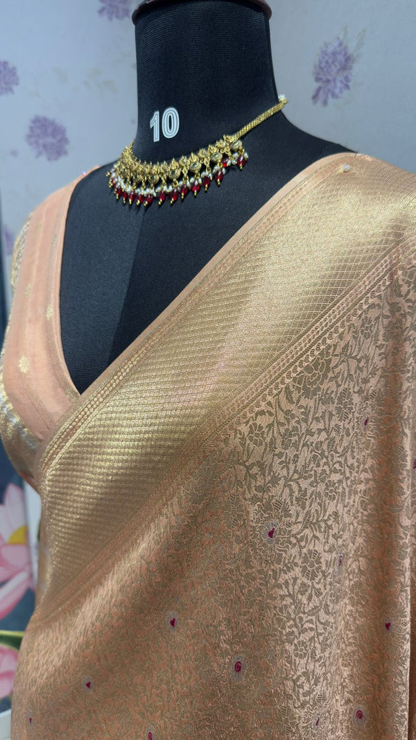 BROCADE BANARAS SAREE WITH ROSE MOTIFS PEACH