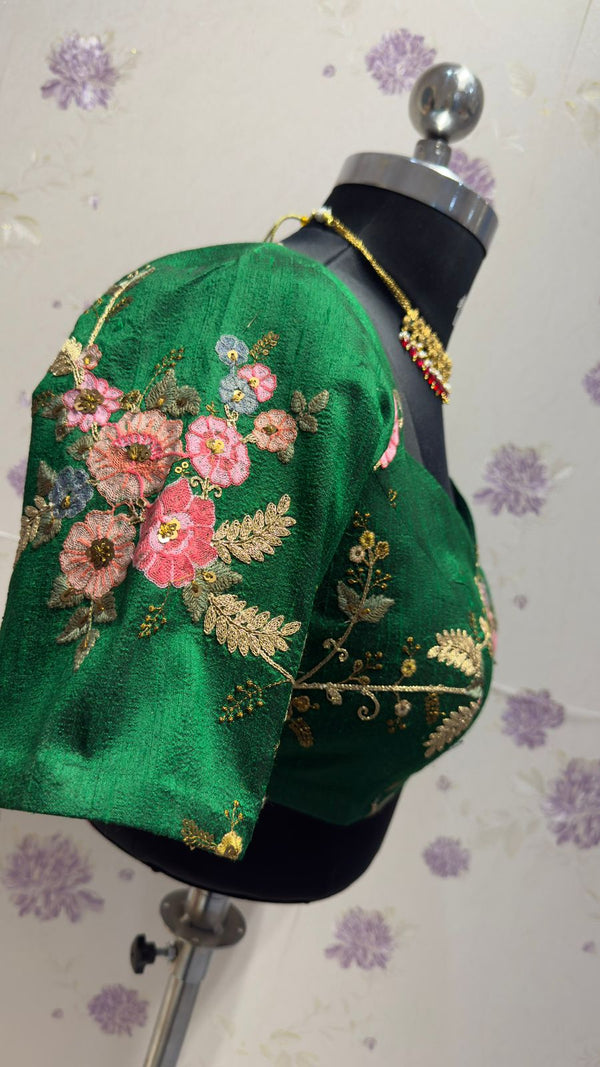 green pure raw silk with Embroidery blouse
