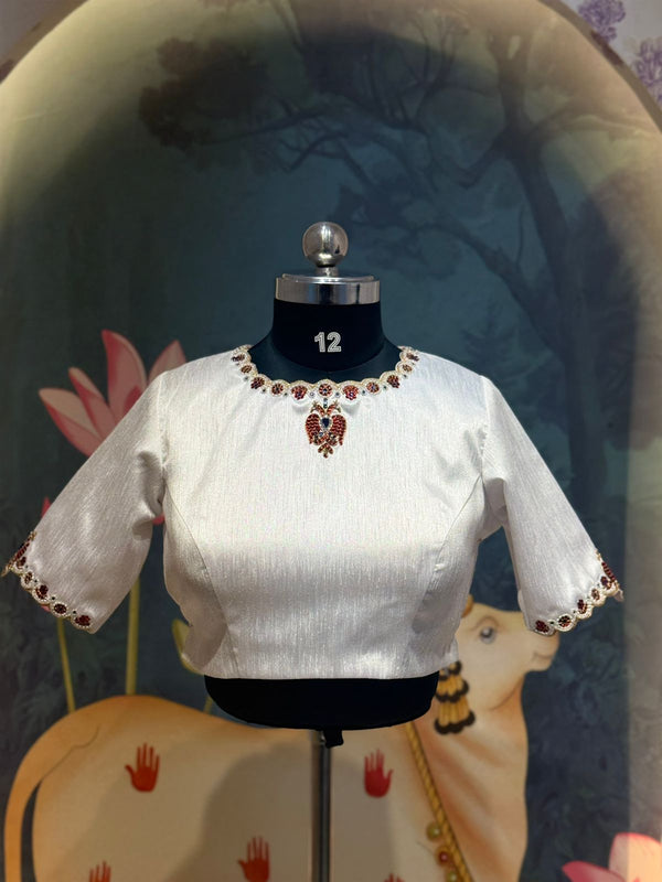 Half White Raw Silk Peacock Kundan Wedding Blouse