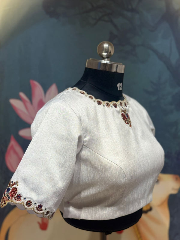 Half White Raw Silk Peacock Kundan Wedding Blouse