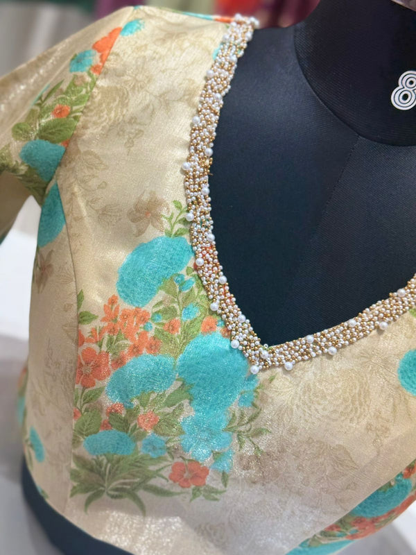Printed Raw Silk Blouse with Pearl Work