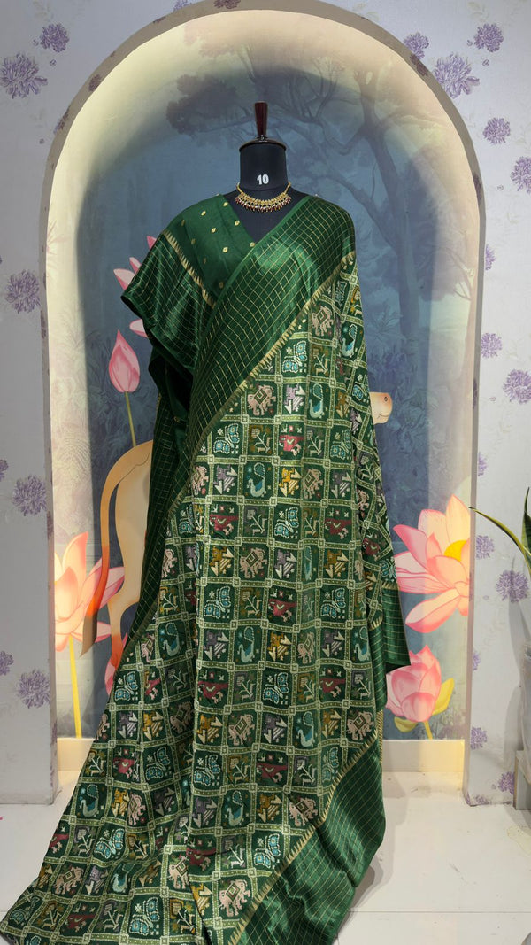 PATOLA Munga silk saree Bottle green