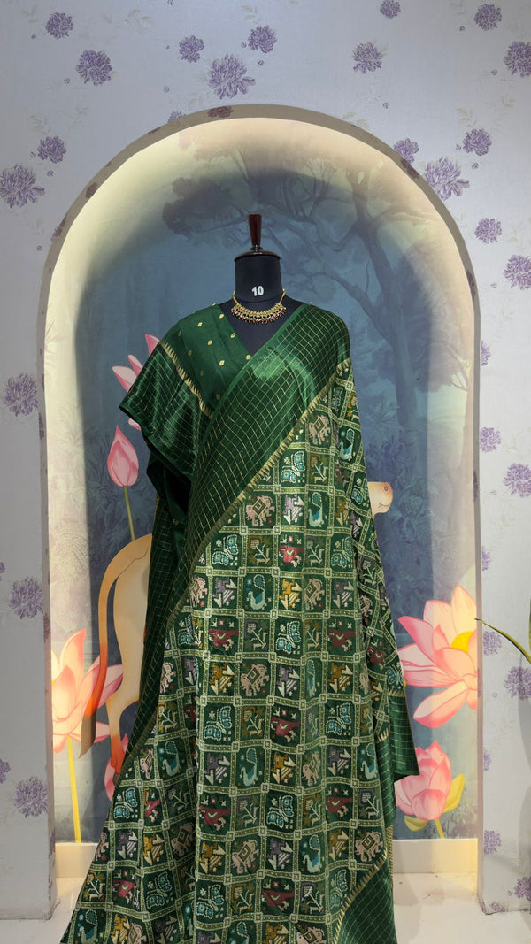 PATOLA Munga silk saree Bottle green