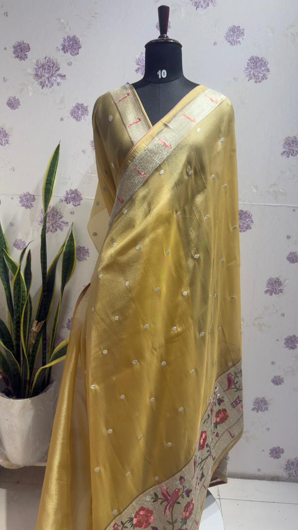 Tissue Paithani saree yellow