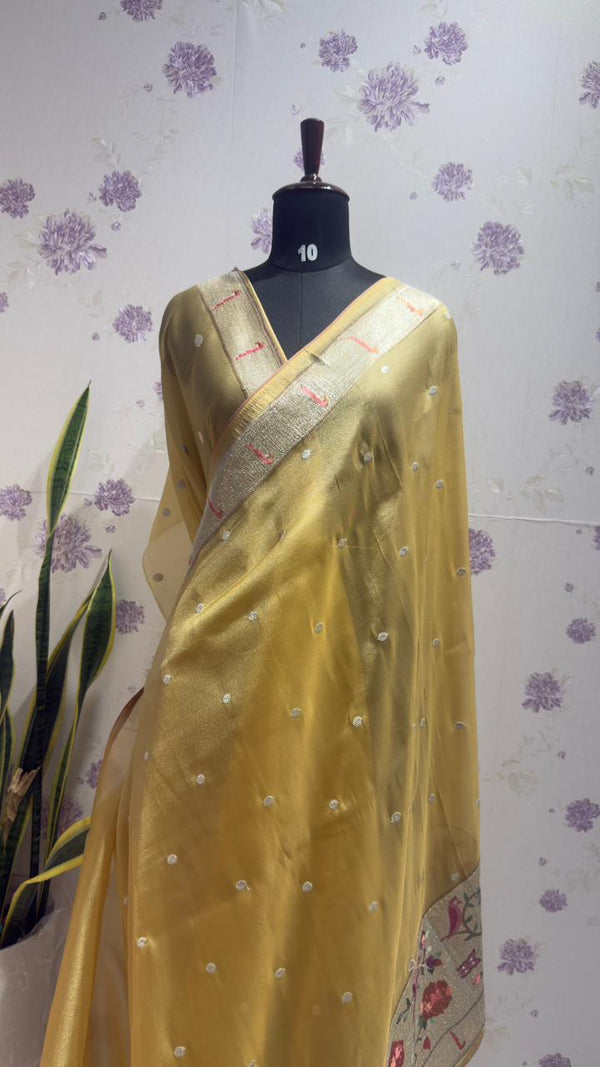 Tissue Paithani saree yellow