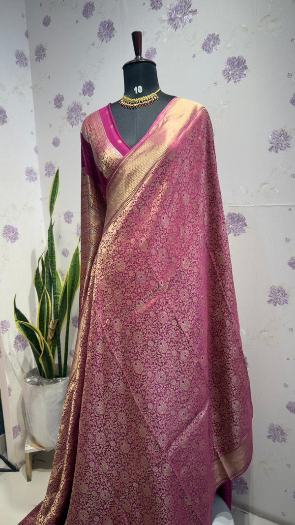 BROCADE BANARAS SAREE WITH ROSE MOTIFS MEGENTA PINK