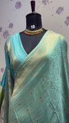 BROCADE BANARAS SAREE WITH ROSE MOTIFS SEA BLUE