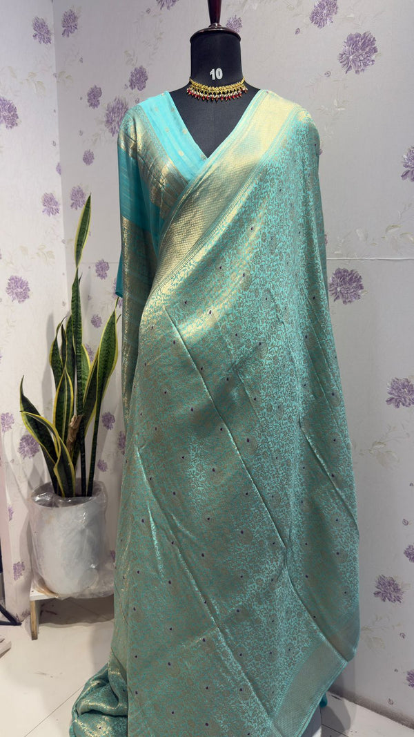 BROCADE BANARAS SAREE WITH ROSE MOTIFS SEA BLUE
