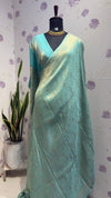 BROCADE BANARAS SAREE WITH ROSE MOTIFS SEA BLUE