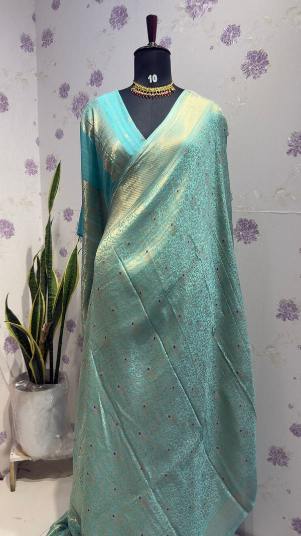 BROCADE BANARAS SAREE WITH ROSE MOTIFS SEA BLUE