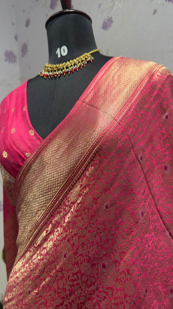 BROCADE BANARAS SAREE WITH ROSE MOTIFS PINK