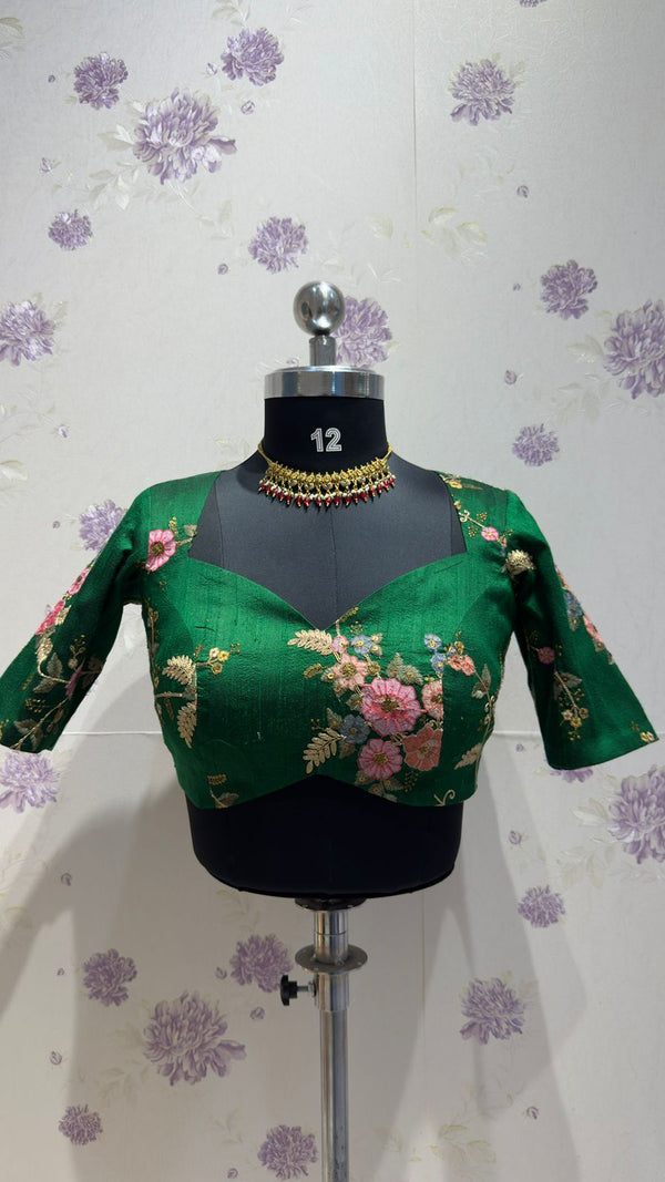 green pure raw silk with Embroidery blouse