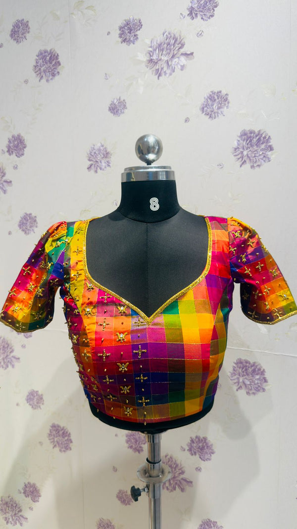 Pure silk multi color blouse with hand embroidery